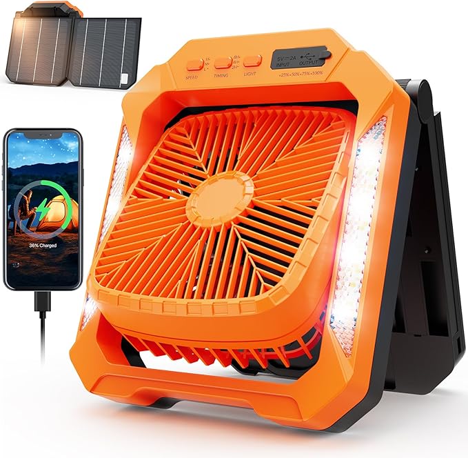 26800mAh Portable Fan Rechargeable with 18W Detachable Solar Panel, Quiet Battery Powered Camping Fan Cordless with LED Lantern,3 Speed,Timer,USB-C,for Bedroom Tent Home Office Desk Hurricane(Orange)