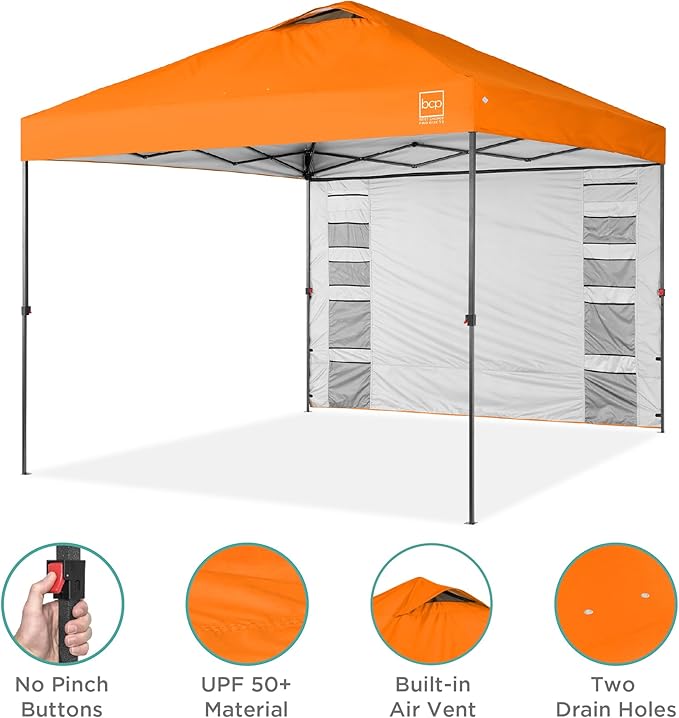 Best Choice Products 10x10ft Pop Up Canopy Tent with Sidewall, 1 Person 1 Minute Set Up, Carry Case, 4 Weight Bags - Orange