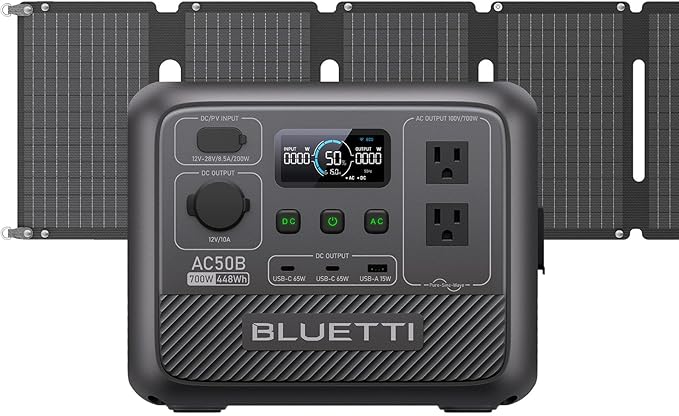 BLUETTI Solar Generator AC50B with 60W Solar Panel Included, 448Wh Portable Power Station w/ 2 700W (1050W Surge) AC Outlets, LiFePO4 Battery Backup for Outdoor Camping, Trip, Power Outage