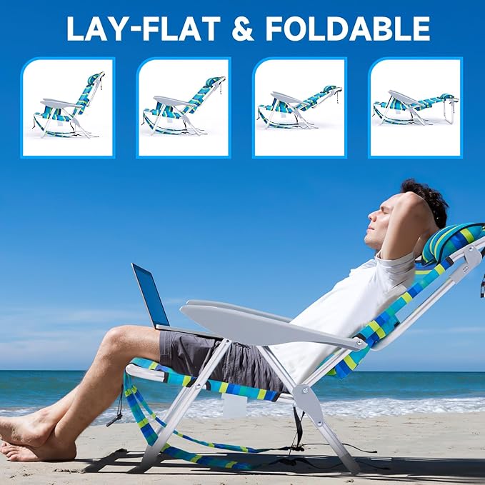 2PC Portable Beach Chair for Adults, 5 Position Backpack Folding Camping Chairs for Outdoor, Beach Chairs with Backpack Straps, Striped