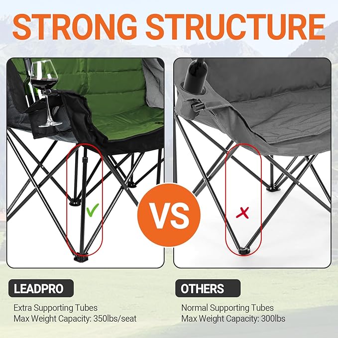 Double Camping Chair for Adults - Heavy Duty 700LB Oversized Padded Camping Loveseat, 2 Person Folding Outdoor Chair with Cup Holders for Lawn, Backyard (Green)