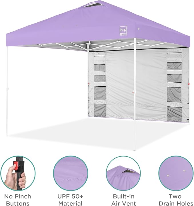 Best Choice Products 10x10ft Pop Up Canopy Tent with Sidewall, 1 Person 1 Minute Set Up, Carry Case, 4 Weight Bags - Lilac/White