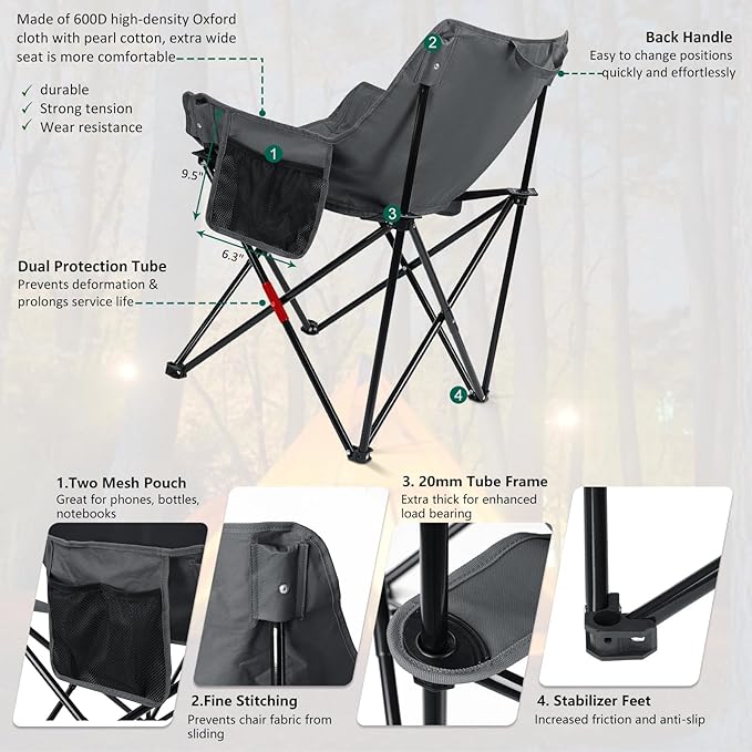 Leonyo Portable Camping Chairs for Adults, 2 Pcs Oversized Lawn Chair with Folding Camping Table for Beach, Picnic, Outdoor Sports, Fishing, Rv Travel – Grey