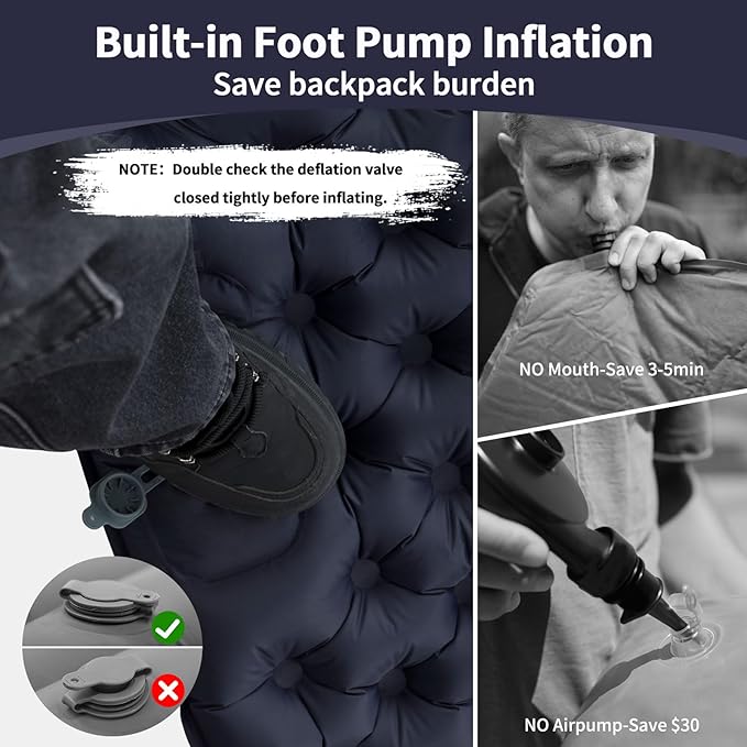 Camping Double Sleeping Pad, Self Inflating Sleeping Mat with Pillow Built-in Foot Pump, 2 Person Portable Camping Air Mattress for Backpacking, Hiking, Traveling, Tent,Beach