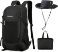 30L Foldable Backpack & Bucket Hat 2 In 1 Combo, Lightweight packable Travel and Fisherman Hat Set, Compact Collapsible Daypack with Sun Hat (Black)