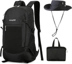 30L Foldable Backpack & Bucket Hat 2 In 1 Combo, Lightweight packable Travel and Fisherman Hat Set, Compact Collapsible Daypack with Sun Hat (Black)