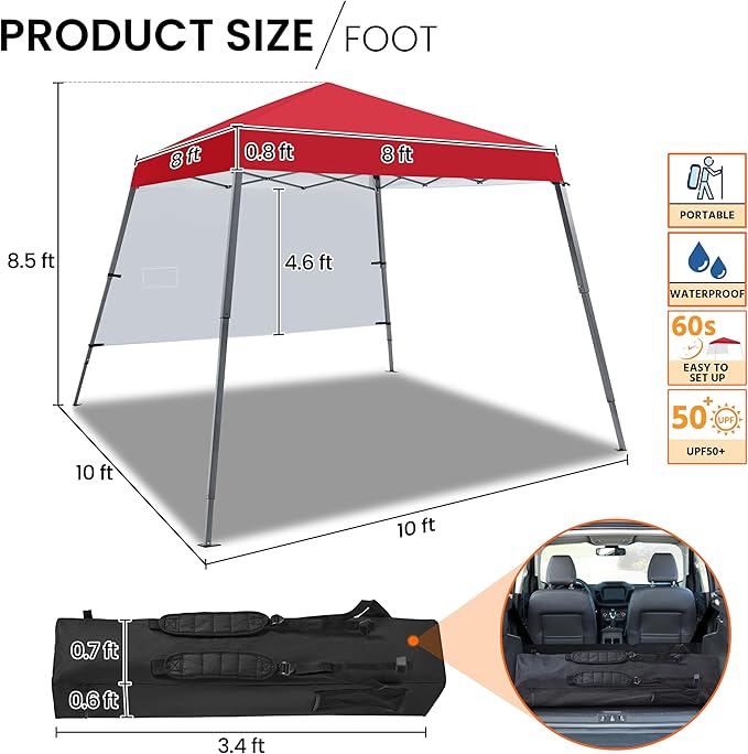 Yaheetech Pop Up Canopy Tent with Backpack, 10x10 Base Portable Easy One Person Setup Folding Shelter Compact Lightweight Slant Leg Canopy with 1 Sidewall, 8x8 Top, Red