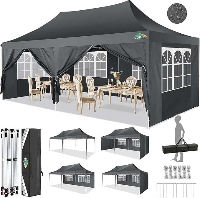COBIZI 10x20 Pop Up Canopy Tent with Sidewalls, Outdoor Party Tent, Waterproof & UV50+, 3 Adjustable Heights, Higher Frame Design for Parties Backyard, Weddings, Markets, Gray
