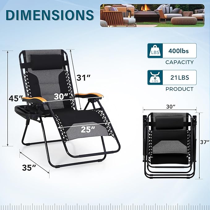 MFSTUDIO Zero Gravity Chairs Set of 2, XL Oversized Outdoor Anti Gravity Chair, Patio Lounge Folding Adjustable Chair with Cup Holder & Padded Headrest, Support 400lbs,Black