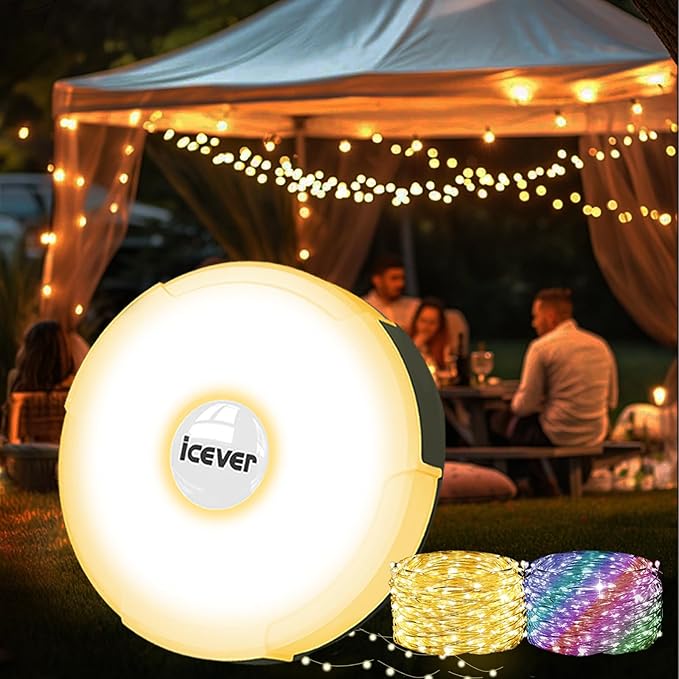 Camping String Lights, 32.8FT 4 in 1 Rechargeable Waterproof Hanging Lamp Portable LED Light for Outdoor Camping Awning Tent Garden Party Yard Festival Decor (10 Lighting Modes)