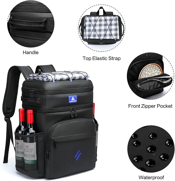 Laripwit Picnic Backpack Cooler Bag - 54 Cans Black Cooler Backpack Insulated Leak-Proof Lunch Backpack with Cooler Compartment Large Double Deck Soft Cooler Bag for Beach,Camping,Travel