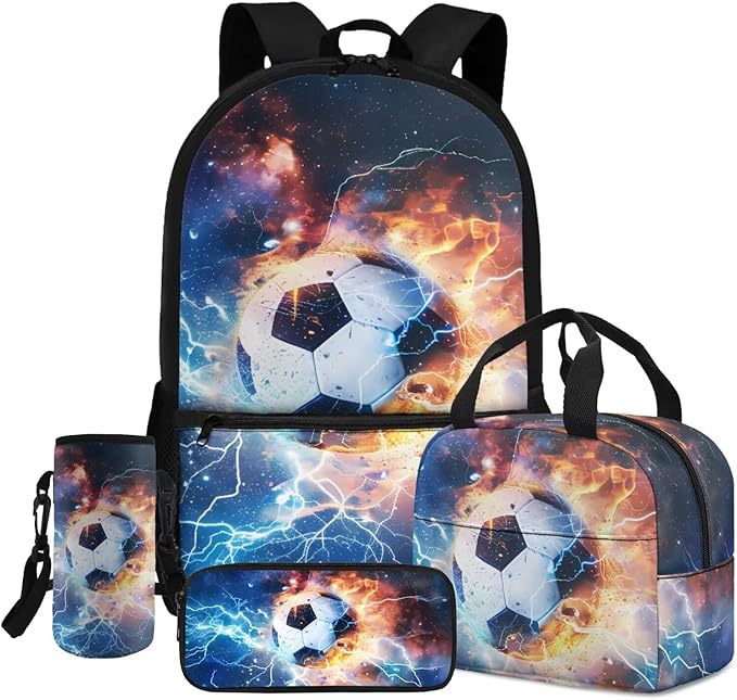 Football Backpack Set 17 Inch with Lunch Box and Water Bottle Bag Pencil Case Big Capacity Lightweight Kids Backpacks for Travel Camping Travel Kindergarten Elementary Middle Bags for School