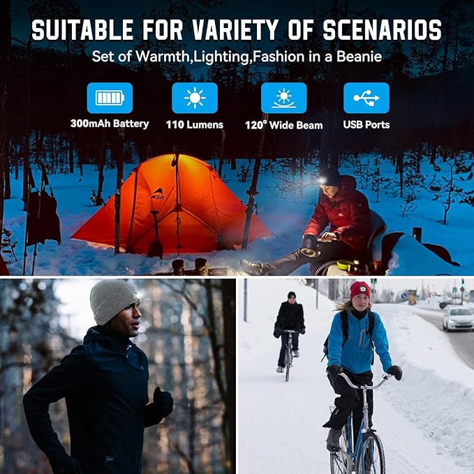 Valentines Day Gifts for Him, Beanie Hats with Light, USB Rechargeable LED Hand Free Headlamp, Birthday Gifts for Men, Women, and Teens, Ideal for Camping, Hiking, 2 Pack, Grey