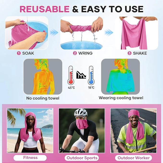 Cooling Hoodie Towel: Cooling Towels for Neck and Face, Instant Cool, UPF 50 Sun Protection, Cool Towel for Hot Weather, Great for Sports, Gym, Golf, Camping - 4 Packs