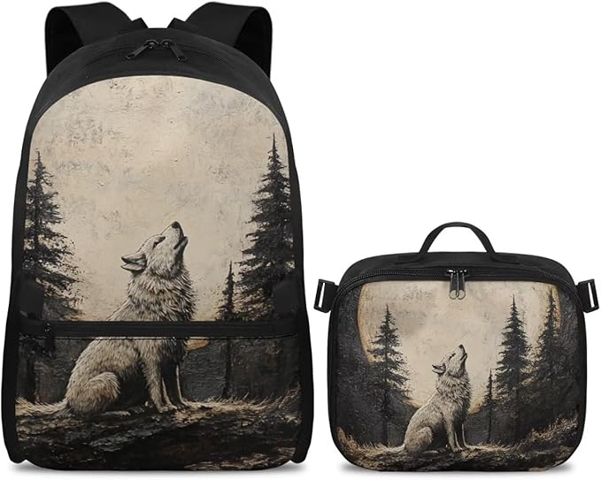 Wolf Backpack for Men Lightweight Bookbag with Lunch Box Large Capacity Daypack with Detachable Lunch Bag for Travel Outdoor Casual Daypack