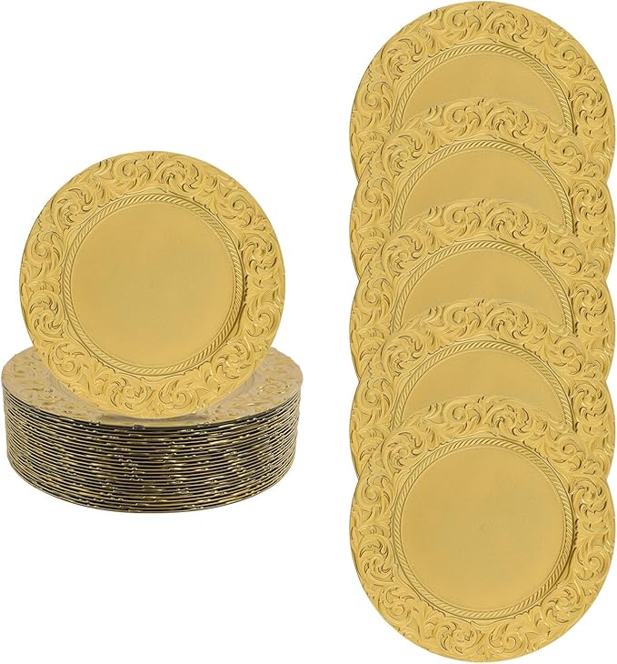 150 Pcs Gold Charger Plates Bulk, 13" Round Dinner Charger Plates, Decorative Plastic Embossed Table Chargers for Wedding Christmas Party Baby Shower Event Decoration (Gold)