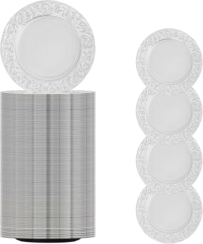 150 Pcs Silver Charger Plates Bulk, 13" Round Dinner Charger Plates, Decorative Plastic Embossed Table Chargers for Wedding Christmas Party Baby Shower Event Decoration (Silver)