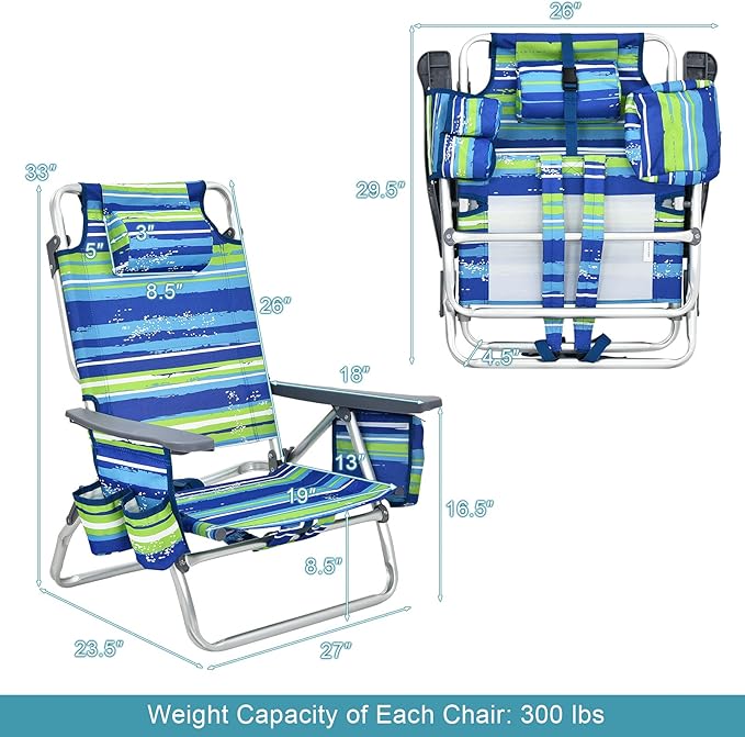 GYMAX Beach Chairs, Backpack Camping Chair with Armrest, Cooler Bag, Cup Holder, Towel Bar & Side Pockets, Sunbath Sling Tanning Lounge, Folding Layout Chair (4 Chairs Without Table, Blue Stripe)