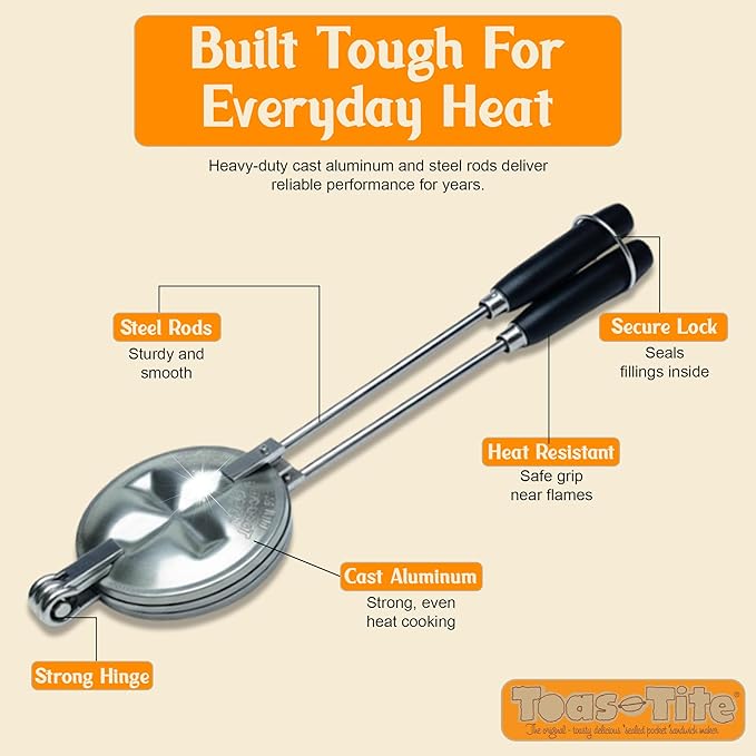 Tid Bit Handheld Sandwich Maker, Portable Sandwich Grill & Panini Press, Cast Aluminum Pie Iron, Retro 1945 Stovetop & Campfire Toaster for Hot Sandwiches, Pies, Paninis, RV & Camping