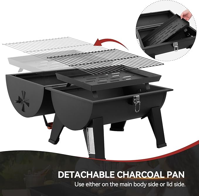 Royal Gourmet CC1619 Portable Tabletop Charcoal Grill, Convertible Lid-to-Grill Zone, Outdoor Compact Barrel BBQ Grill with 217 Sq. In. Grilling Space for Backyard, Patio and Parties, Black