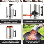 BEAU JARDIN Charcoal Chimney Starter 11"X7" Grill Barbecue BBQ Galvanized Steel Chimney Lighter Basket Outdoor Cooking Quick Rapid Fire Briquette Starters Can Canister for Grilling Camping Accessories