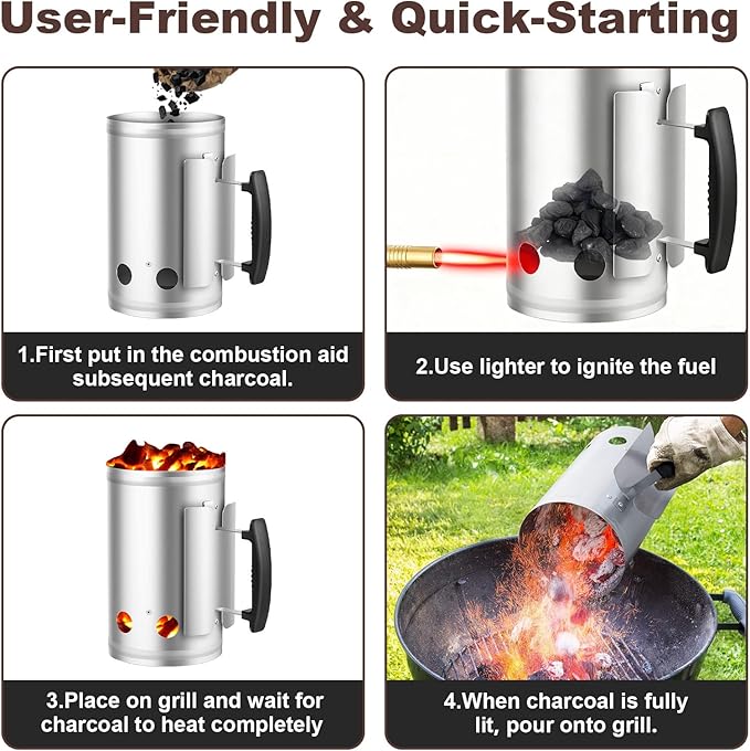 BEAU JARDIN Charcoal Chimney Starter 11"X7" Grill Barbecue BBQ Galvanized Steel Chimney Lighter Basket Outdoor Cooking Quick Rapid Fire Briquette Starters Can Canister for Grilling Camping Accessories