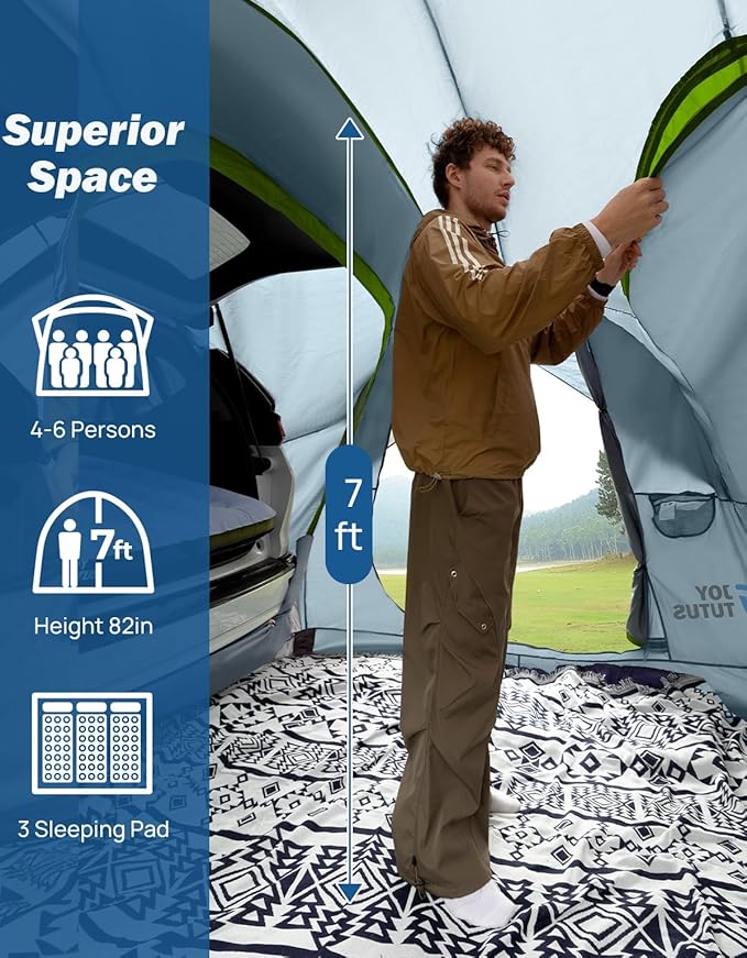 JOYTUTUS SUV Tent for Camping with Rainfly, Double Door Design Car Tent with Aluminum Poles, SUV Tailgate Tent with Waterproof PU2000mm Double Layer for 4-8 Person, Green