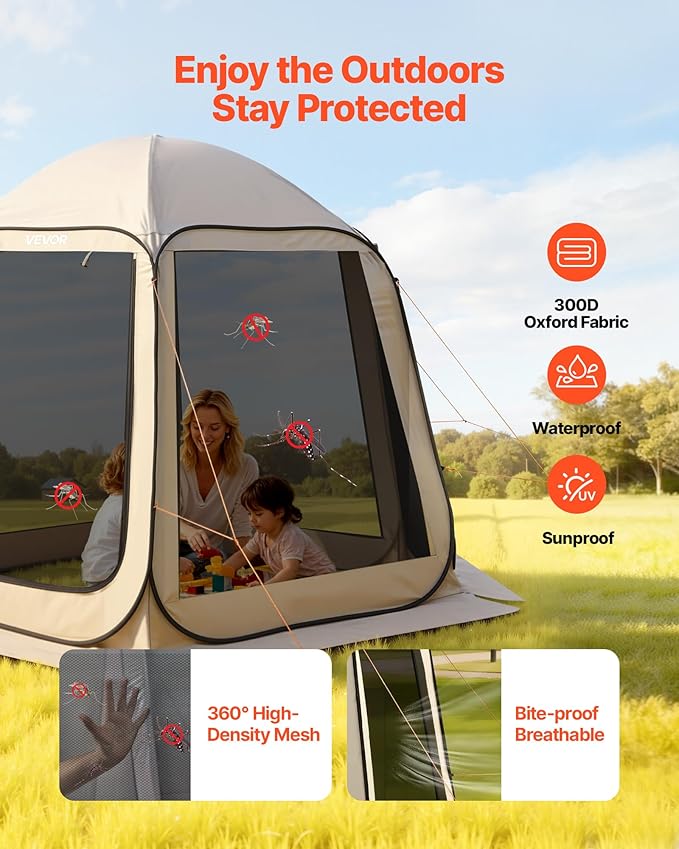 VEVOR 10 x 9.2 ft Pop-Up Screen House Tent, 4–8 Person Portable Screen Gazebo w/Carry Bag, Netting Sides & Ground Stakes, Quick Setup, Screened in Canopy for Garden, Patio & Backyard, Outdoor, Beige