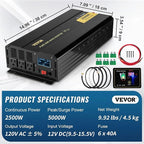 VEVOR 2500W Pure Sine Wave Inverter, 12V DC to 120V AC Car Inverter, 3 AC Outlets, USB Port, LCD Display, Remote Controller, Black, for RV Truck Car Solar System Travel Camping