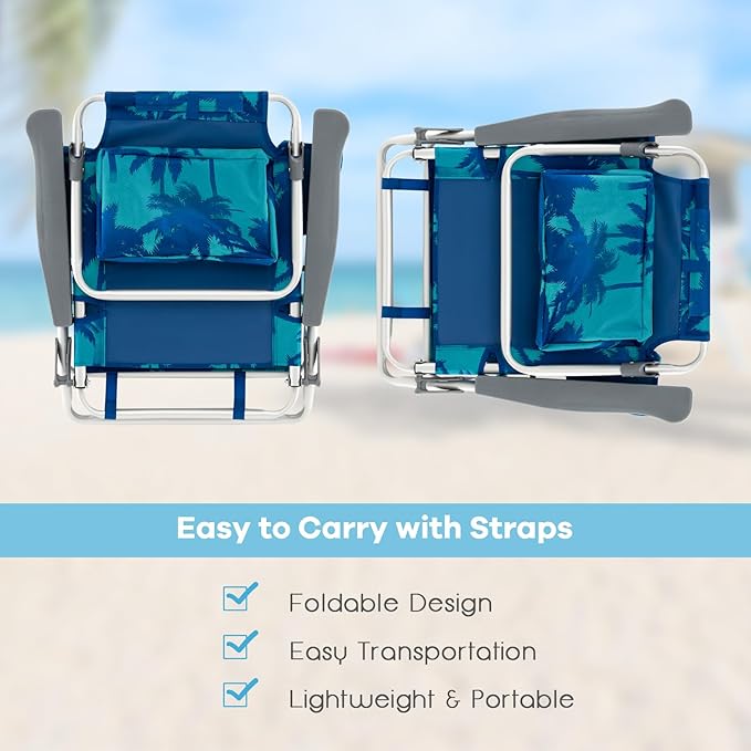 Goplus Beach Chair, Folding Backpack Beach Chairs for Adults with 5 Positions, Head Pillow, Cooler Bag, Towel Bar, Cup Holders, Sunbath Sling Tanning Lounge, Foldable Layout Camping Chairs