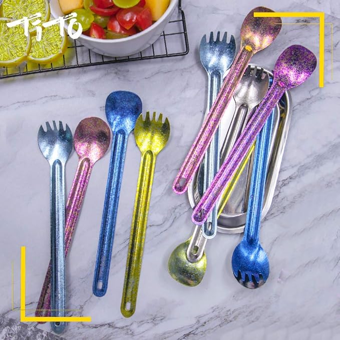 TiTo Titanium Long Handle Spork and Spoon Eco-Friendly Ultralight Portabale Flatware for Outdoor Camping Backpacking Hiking Travel Picnic Tableware with Bag (Bright Rose Spork)