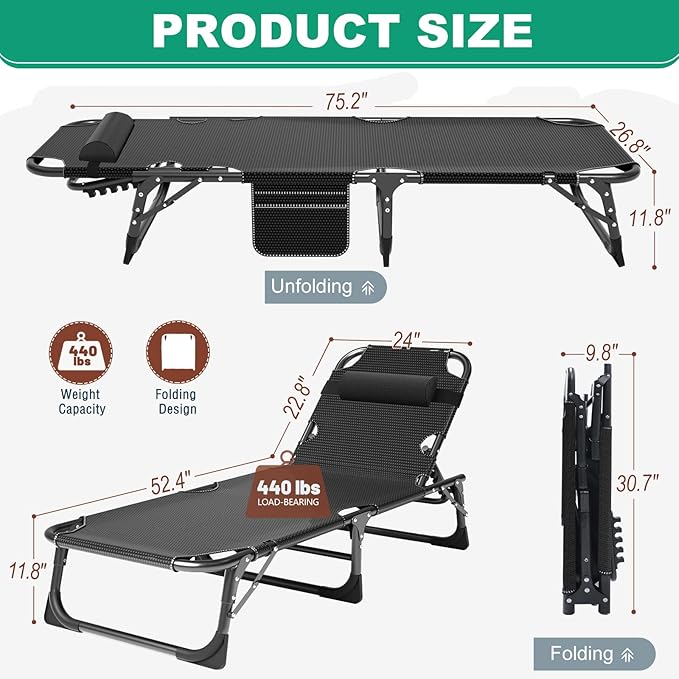 LILYPELLE Portable Folding Cot Bed, Adjustable 5-Position Adults Reclining Chaise with Pillow, Outdoor Portable Lounge Chair Sleeping Cot for Camping, Pool, Beach, Patio