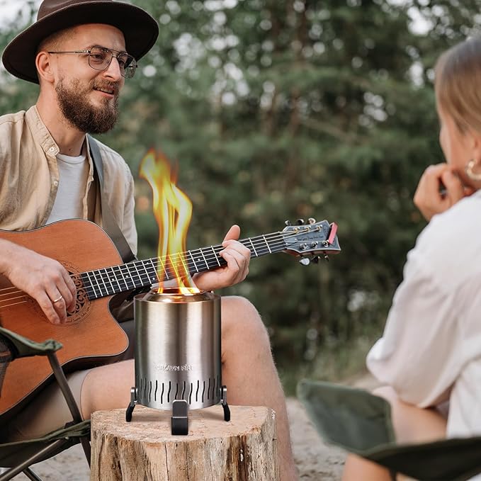Table Top Fire Pit – Portable Smokeless Tabletop Firepit for Patio, Balcony and Camping – Indoor Fire-Pit, Table-top, Mini Grill, Smores Small Outdoor Fire Bowl Pellets or Wood Fuel (Stainless Steel)