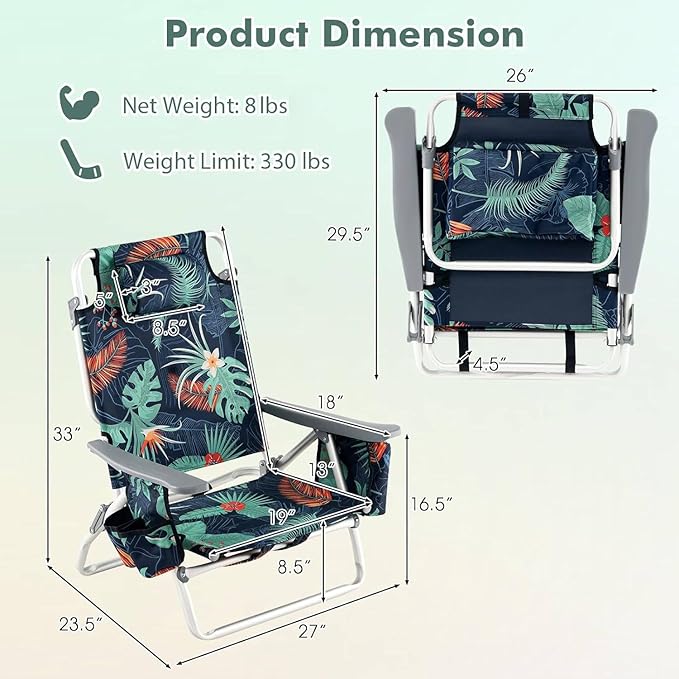 Tangkula Backpack Beach Chair with Table, 5-Position Lay Flat Beach Chairs with Cooler Bag, 2 Cup Holders, Towel Bar, Lightweight Low Folding Beach Chair