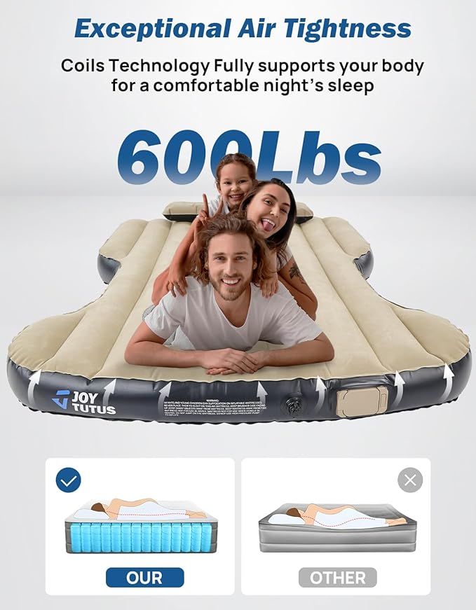 JOYTUTUS Model Y Air Mattress, Self-Inflating Camping Bed Compatible with Tesla Model Y, Upgraded Built-in Pump, Soft Bed Sheets, 2 Pillows,Camel