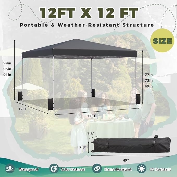 EROMMY 12x12 Pop Up Tent, Easy to Set Up Canopy Tent, Outdoor Canopy for Events, Camping, Parties with Wheeled Bag, 4 Ropes, 4 Sand Bags and 8 Spikes(Black)