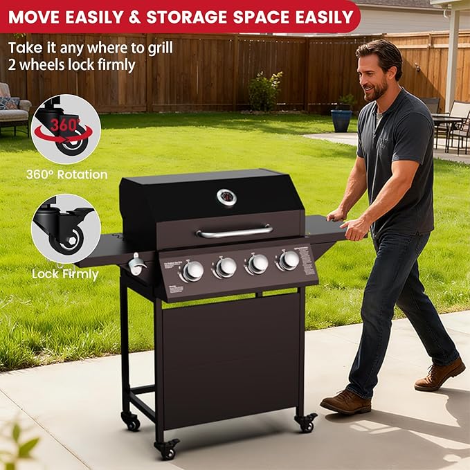 4-Burner Propane Gas BBQ Grill, 40,000 BTU Output Stainless Steel Gas Barbecue Grill with Side Tables & Wheels for Backyard,Camping and Outdoor Cooking (Black)