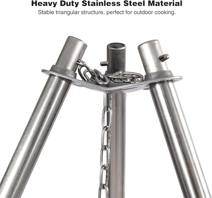 Lineslife Campfire Tripod Grill for Cooking, Durable Stainless Steel Camping Fire Tripod Grill with Grill Grate and Carrying Bag for Outdoor BBQ, Silver