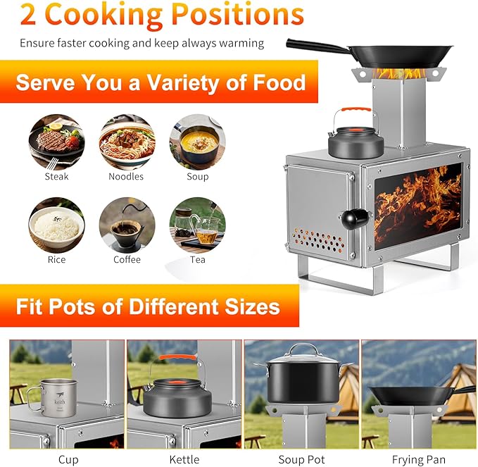 Camping Stove for Hot Tents, LAMA 304 Stainless Steel Wood Burning Stove with Stainless Wall Chimney Pipes for Tents, Shelter, Outdoor Portable Stove for Camping Heating and Cooking