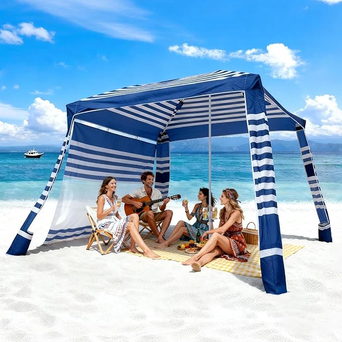 VEVOR Beach Cabana, 8 x 8 ft Beach Canopy with Side Wall, UPF 50+ Protection Easy Setup Cabana Tent with Sand Pockets, Adjustable Height Portable Shade Sun Shelter Umbrella for Family, Navy Stripes