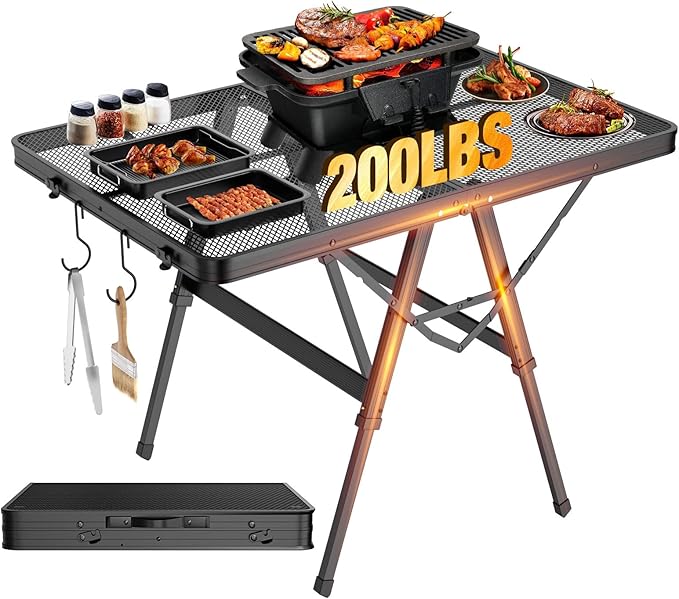 Foldable Grill Table with Mesh Desktop, 200lbs 3Ft Portable Folding Table, Height Adjustable Metal Table for Ourdoor, Camping, Picnic, BBQ and Beach, RV, 35.4" L x 23.6" W