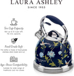 VQ Laura Ashley Elveden Navy 3L Stainless Steel Tea Kettle Stovetop Whistling Teapot for Induction, Gas Hob or others. Silicon Coated Cool Handle & Push Button Mechanism Vintage Stove Top Kettle