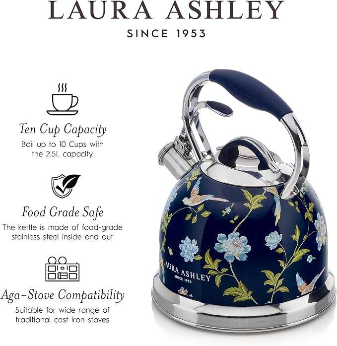 VQ Laura Ashley Elveden Navy 3L Stainless Steel Tea Kettle Stovetop Whistling Teapot for Induction, Gas Hob or others. Silicon Coated Cool Handle & Push Button Mechanism Vintage Stove Top Kettle
