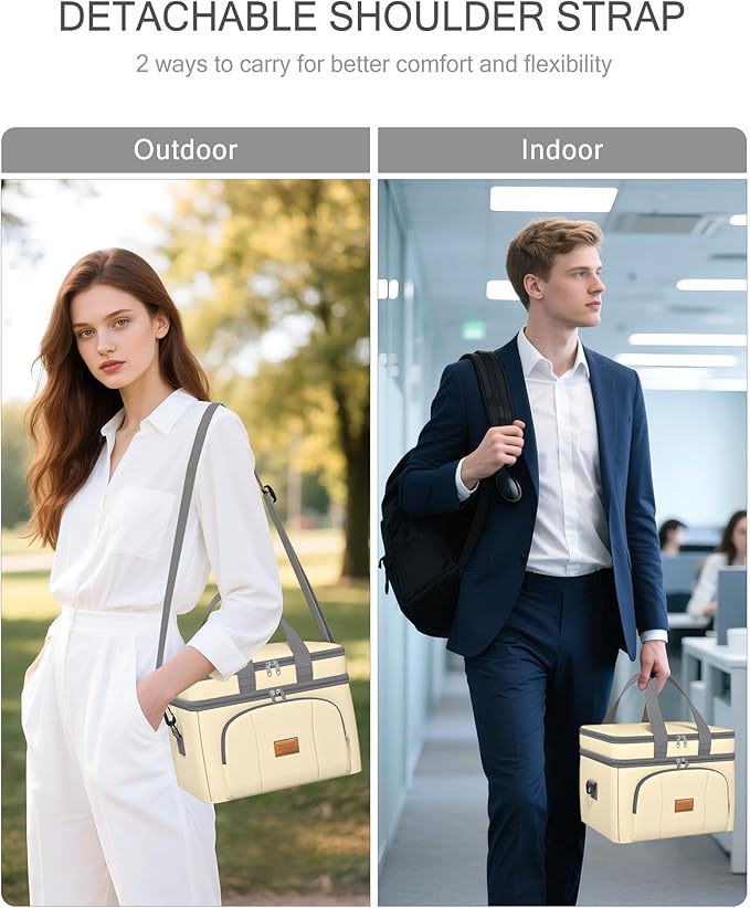 Rnivvi Lunch Box for Women, Double Decker Insulated Cooler Bag Lunch Bag Reusable Leakproof Tote Lunch Container with Strap for Work Family Picnic Hiking Camping, 18 Cans 12L, Large Adults, Beige