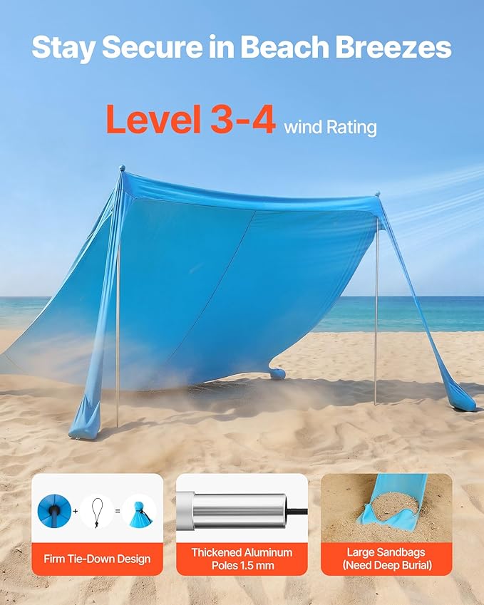 VEVOR Beach Tent Sun Shelter, UPF50+ Sun Protection, 6.6 ft Tall, 11 x 11 ft, Easy Pop Up Beach Canopy with Sandbags, Stability Poles, Sand Shovels, Portable Shade for Family Outings, Camping, Fishing