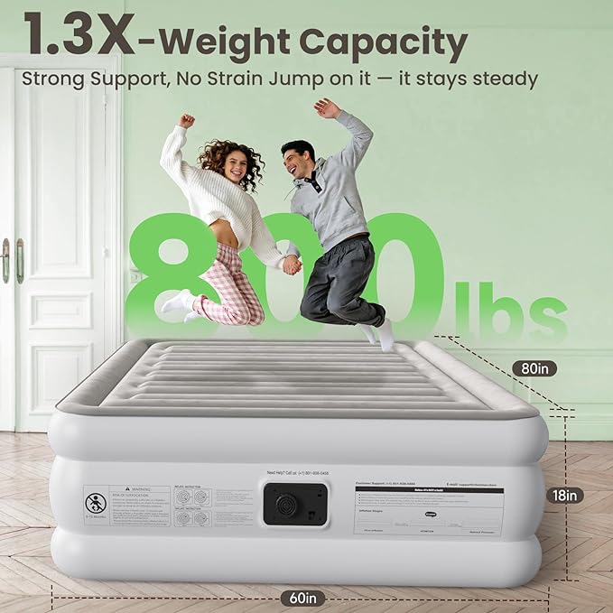 Air Mattress Queen with Built in Pump, 18" Raised Comfort, Anti-Sag Horizontal Beam, 800lbs Heavy-Duty Support Blow Up Mattress, Multi-Layer Leak Proof Air Bed for Home Guests Camping