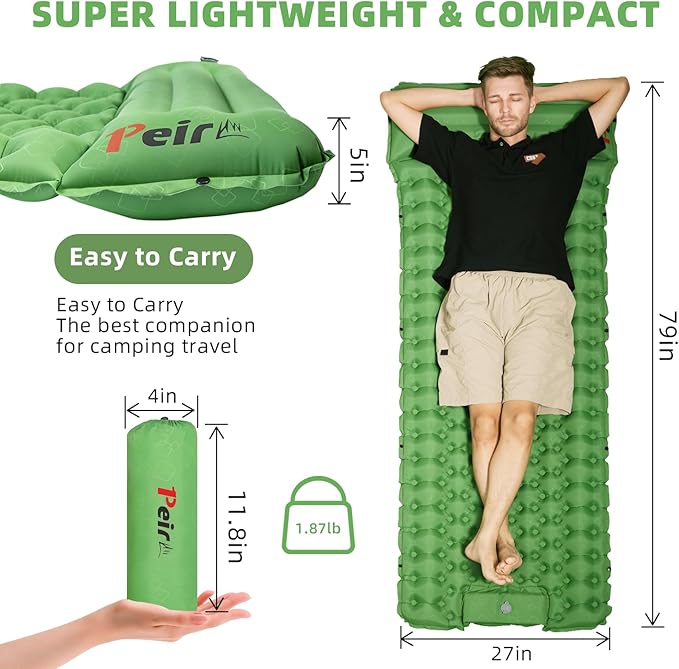 Camping Sleeping Pad, Ultralight Camping Mat with Pillow Built-in Foot Pump Inflatable Sleeping Pads, Compact Sleep Pad for Camping Backpacking Hiking Traveling