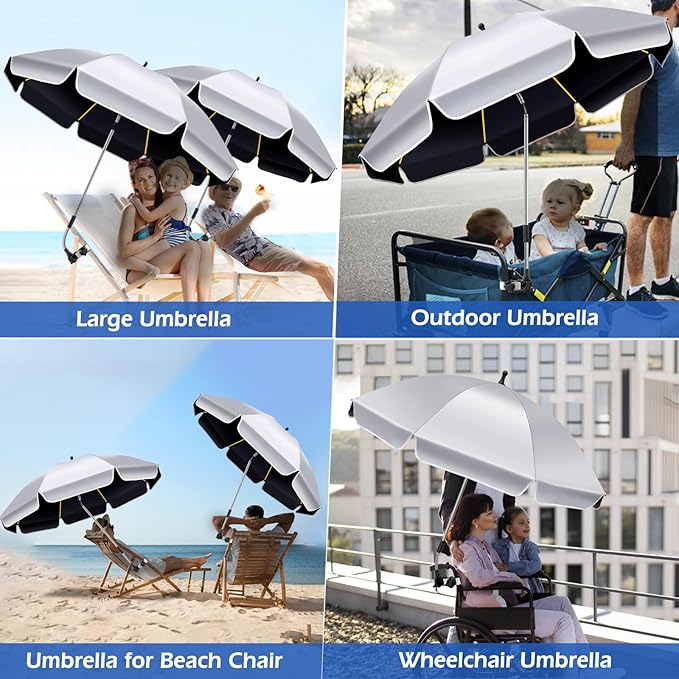 2Pack 48.8 inch Large Beach Umbrella with Clamp Sun Shade for Beach Chair, 360°Adjustable UV Protection Golf Umbrella with Clip for Outdoor Stroller Wheelchair Camping Chair