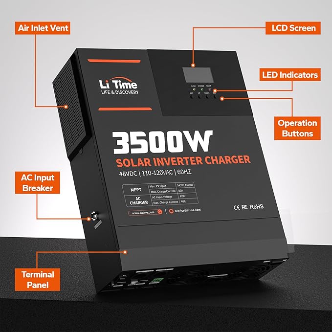 LiTime 3500W All-in-One Solar Inverter Charger, 48V DC to 120V AC Pure Sine Wave Inverter, Built in 80A MPPT Charge Controller, for 48V Lead Acid/LiFePO4 Battery, Home Energy Storage, Off-Grid