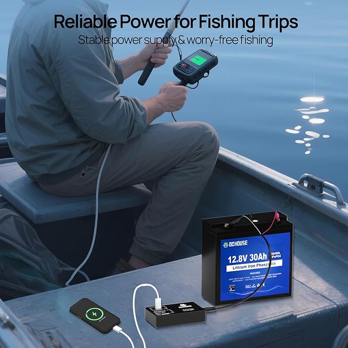 DC HOUSE 12V 30Ah Mini Lithium Battery with DC Output, 2 in 1 Multi-Port USB Charger: 12V Converter or 45W Max Lifepo4 Battery Charger, for Fish Finder, Camping, Ham Radio, Power Wheels, RV